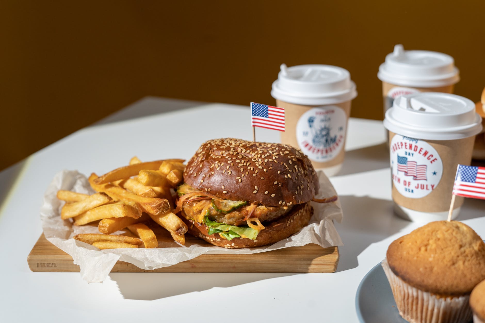 burger and fries with coffee
