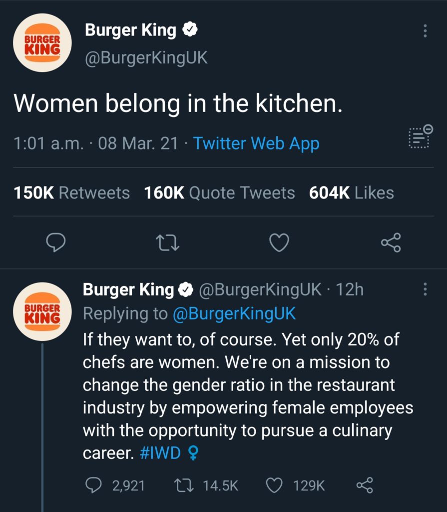 Burger King's tweet was grilled online after saying that "Women Belong in the Kitchen."