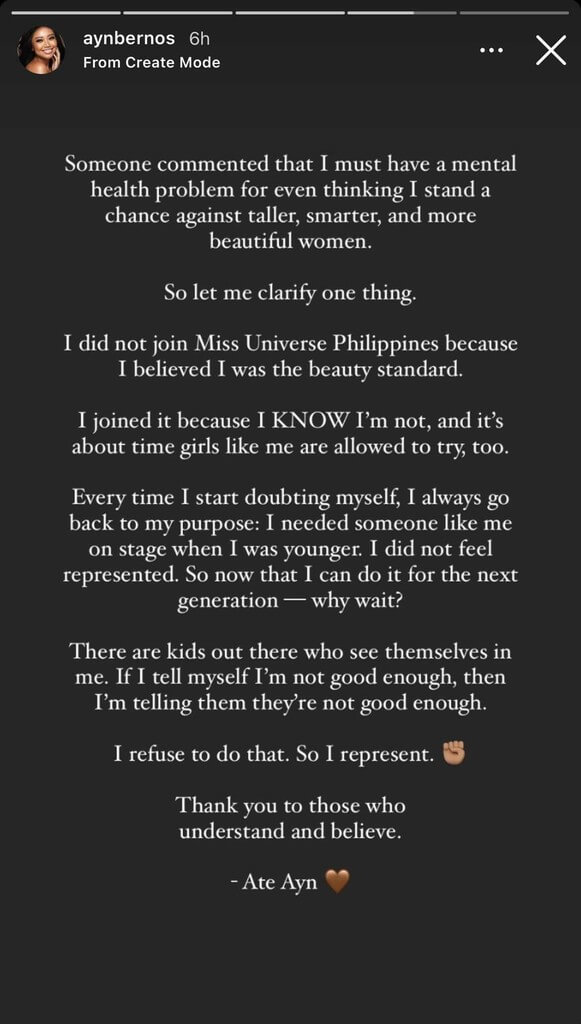 Ayn Bernos claps back at haters saying she’s not made for Miss Universe PH