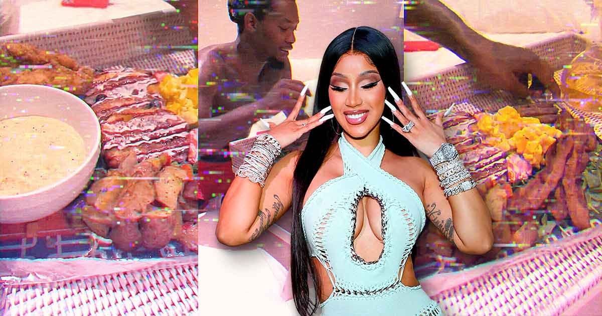 Header image with Cardi B in a glittery dress and screengrabs of a gourmet tray with Offset