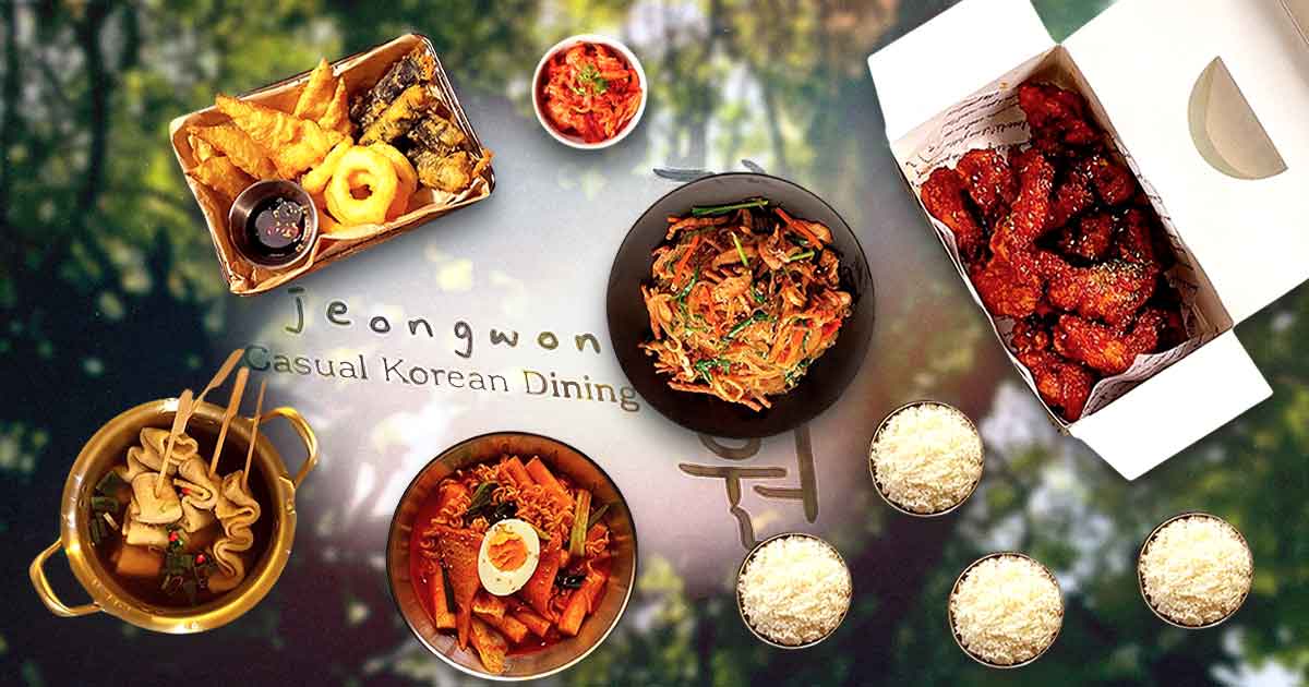 Header image featuring various Korean food items like kimchi and bibimbab and rice bowls with the restaurant name, Jeongwon