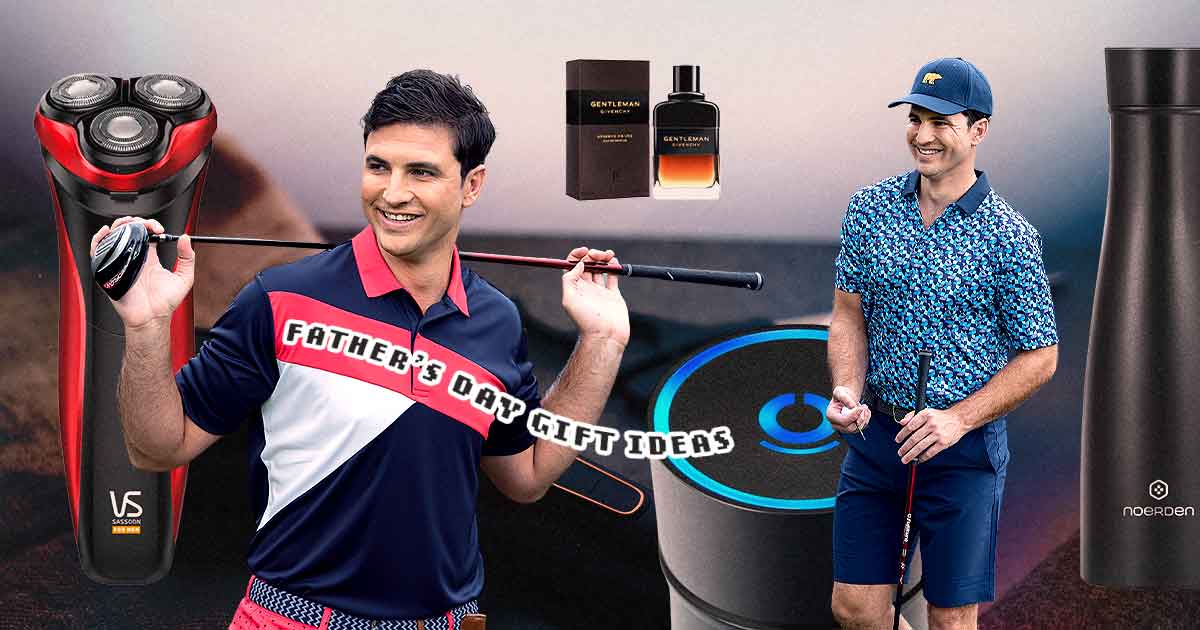 Header image that includes a model dad wearing colored polos, holding a golf club and also has elements including a fragrance bottle