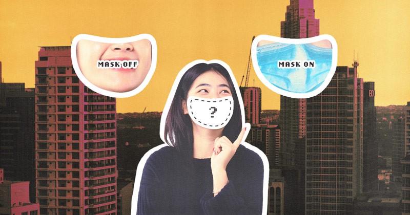 header with face masks, one with the text mask on, the other with the text mask off