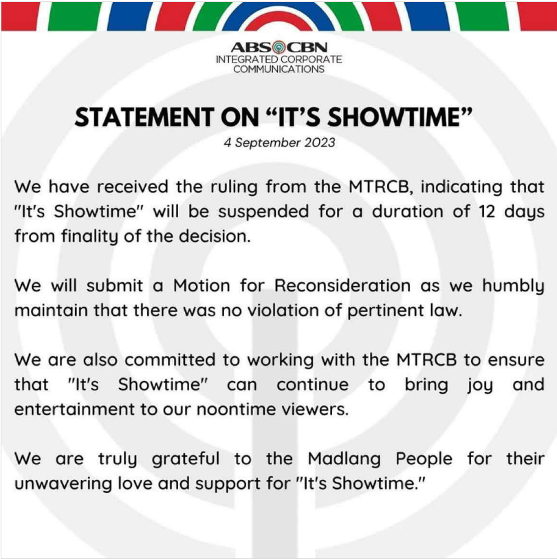 ABS-CBN's statement on "It's Showtime" 