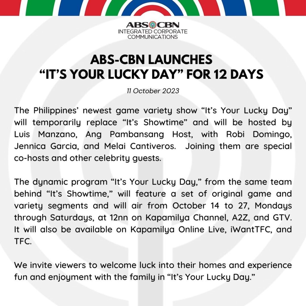 ABS-CBN's announcement about "It's Your Lucky Day"